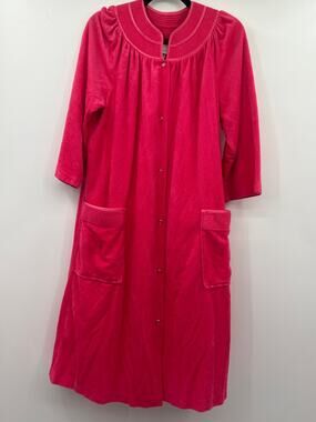 Vandemere Pink Velour Snap Front Robe Size L Vintage Housecoat Pocket Loungewear